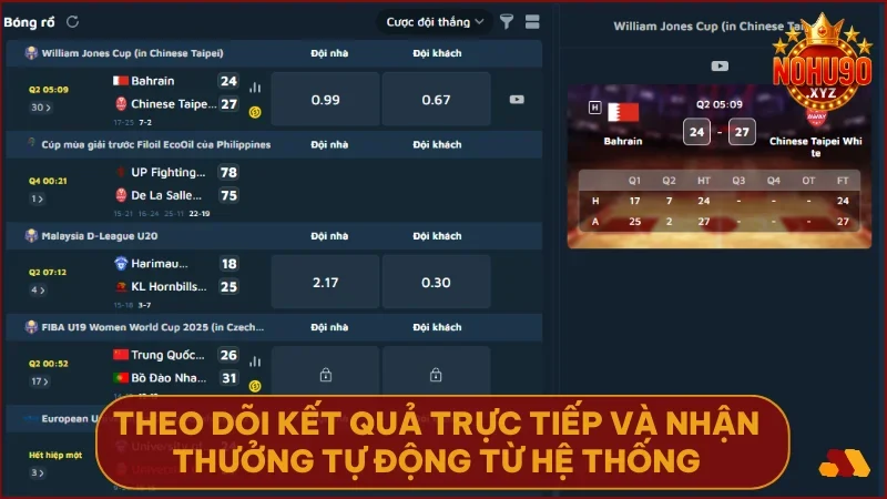 Hướng dẫn đặt cược bóng rổ tại NOHU90 chi tiết cho người mới 4 Theo dõi kết quả trực tiếp và nhận thưởng tự động từ hệ thống.