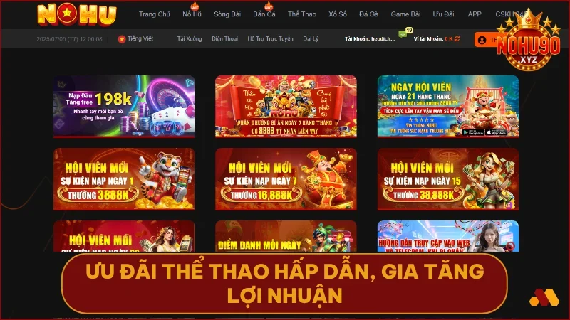 Thể Thao NOHU90: Sảnh cược đa dạng - tỷ lệ kèo hấp dẫn 3 Tận hưởng hàng loạt chương trình khuyến mãi thể thao giúp bạn cược thông minh hơn